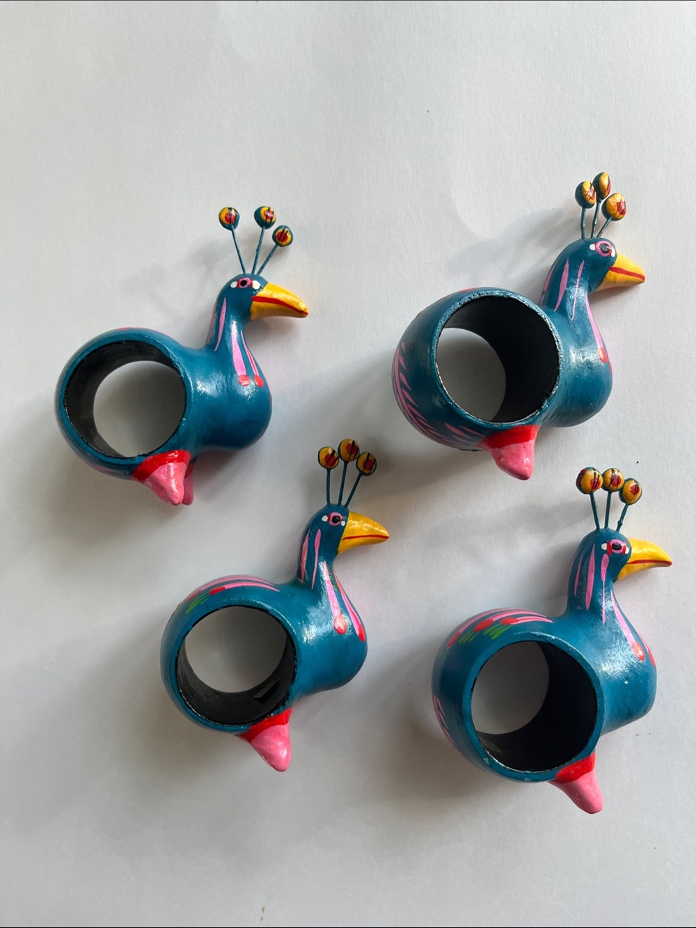 4 VTG paper mache Victor Bonomo peacock napkin rings boho hand painted teal pink